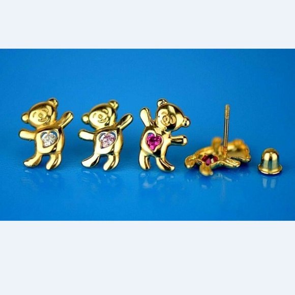 14k Solid Yellow Gold Bear Stud Earring with Sparkly Stones